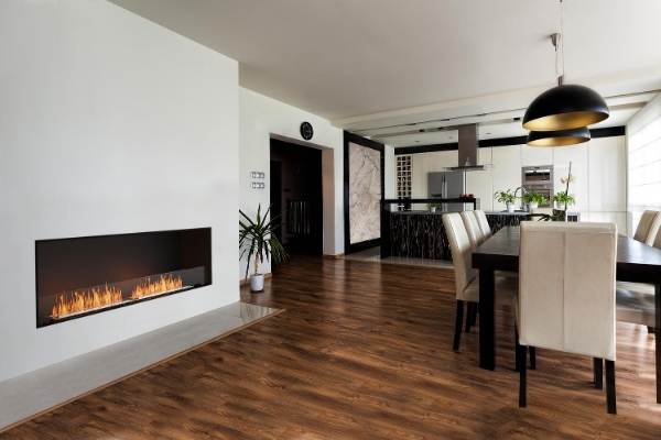 Ethanol fireplace in kitchen dining area