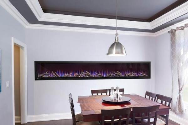 Wall mounted electric fireplace in a dining room