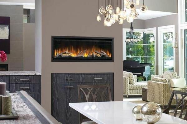 Wall mounted electric fireplace in kitchen dining area