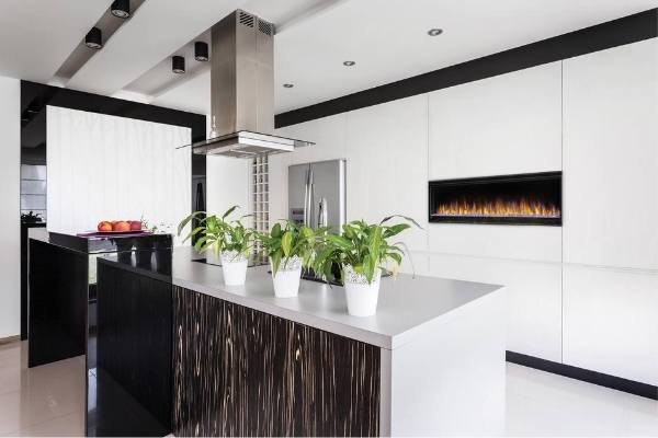 Long electric fireplace on a kitchen wall