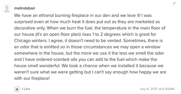 Customer opinion about ethanol fireplace