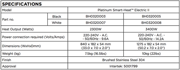 Bromic Heating Platinum Electric Heater 2300/3400 Specs