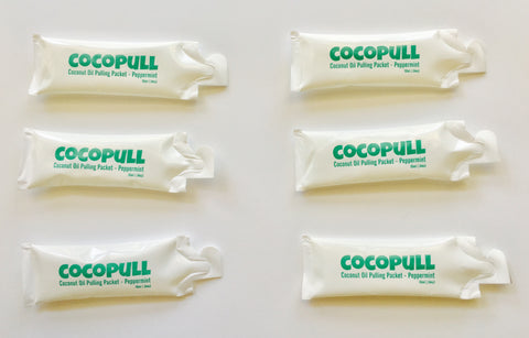cocopull oil pulling comes in single packets or in bottles of 4 and 8oz. Contains organic peppermint oil for a fresh taste.