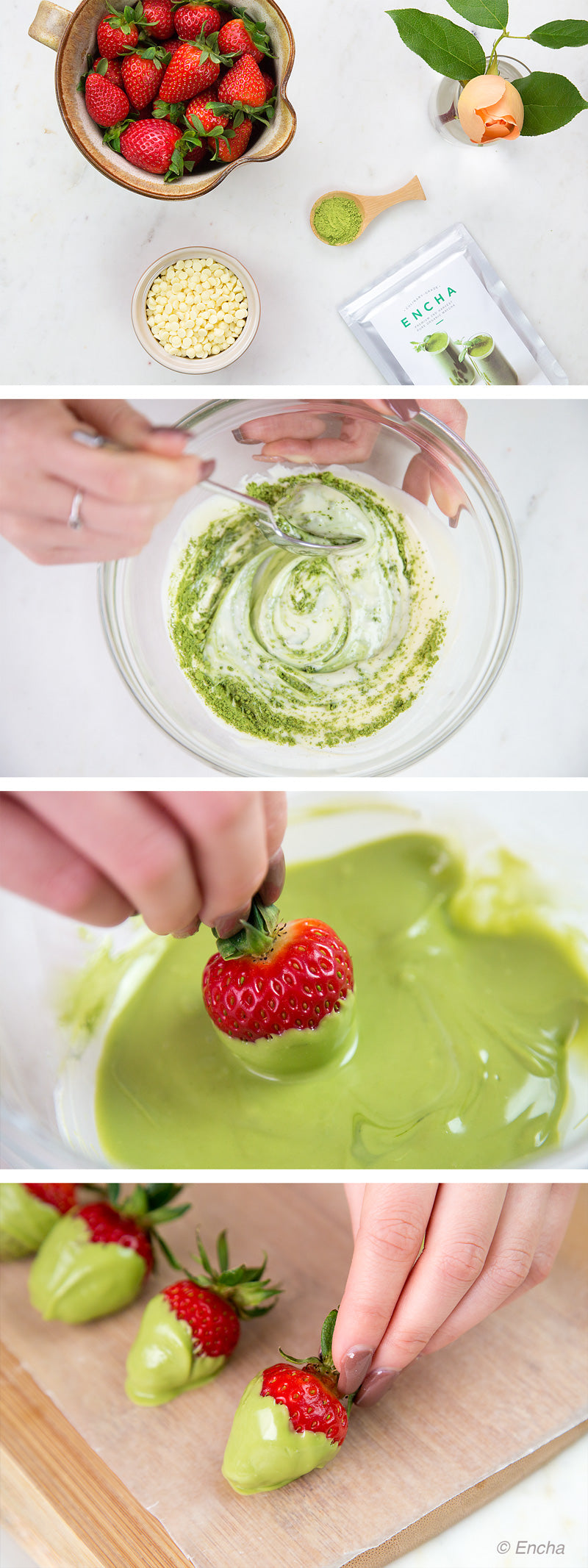 Matcha recipe: matcha chocolate-dipped strawberries with culinary-grade Encha Organic Matcha