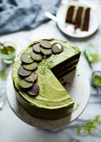 chocolate zucchini layer cake with encha matcha cream cheese frosting gluten-free