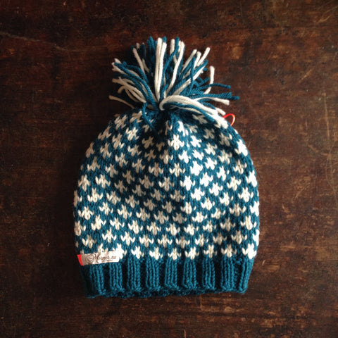 Hand Knitted Knud Wool Hat - Petrol/White 0m - 5y