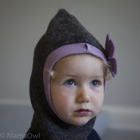 Wool felt balaclava brown/rosa flower 0-2y