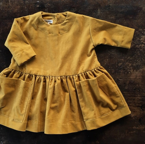 Cotton Corduroy Pocket Dress Long Sleeves - Mustard - 6m-12y