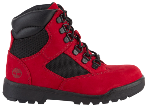 red and black timberland field boots