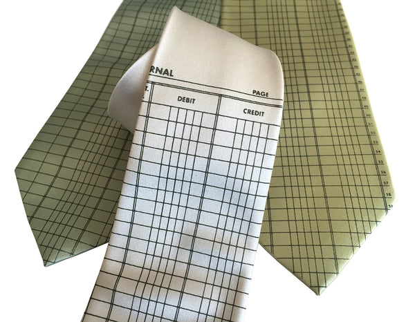 Accountant neckties, ledger paper print, vegan safe microfiber