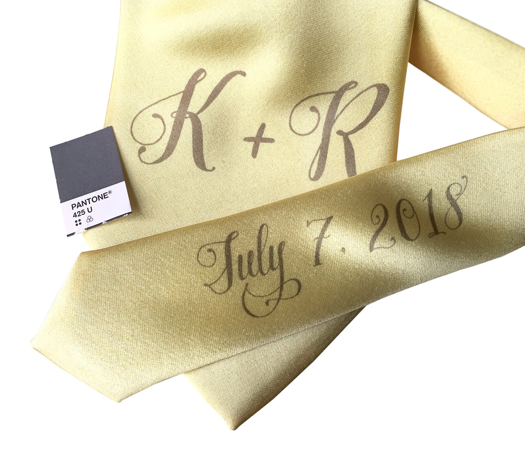 custom sublimated initial monogram wedding necktie, light yellow and grey, Cyberoptix
