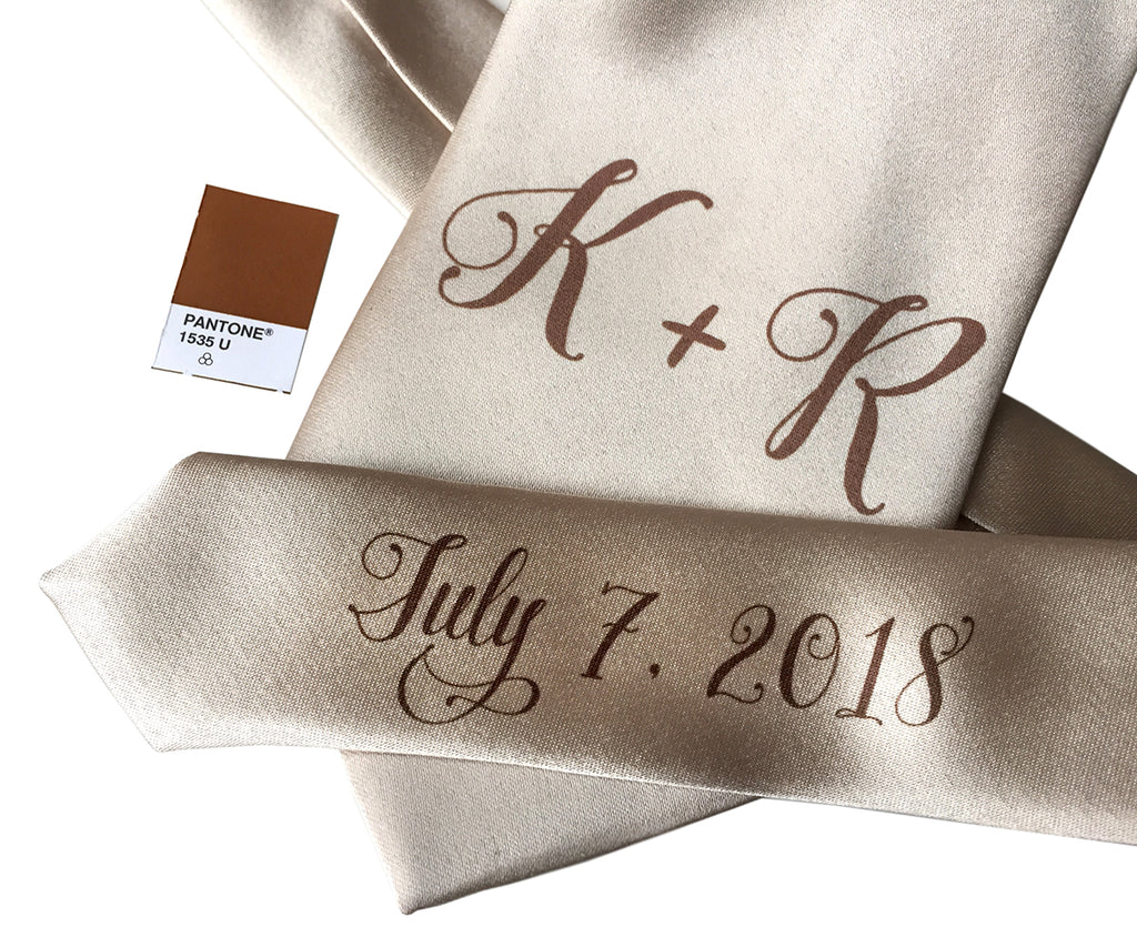 custom sublimated initial monogram wedding necktie, dark brown on champagne, Cyberoptix