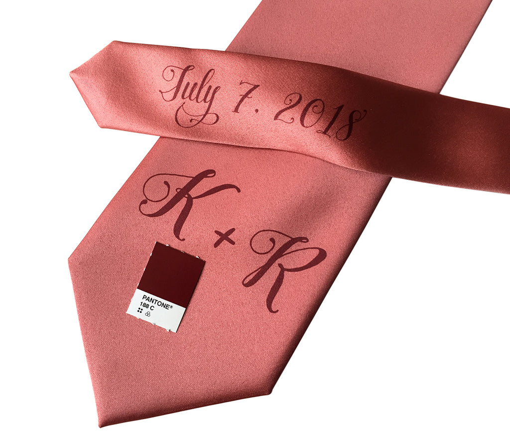 custom sublimated  initial monogram wedding necktie, dark raspberry on dark salmon, Cyberoptix