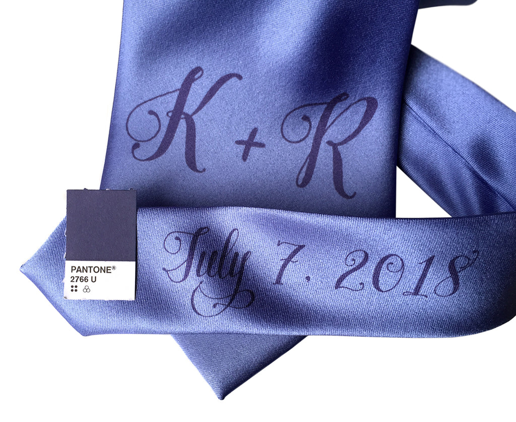 custom sublimated  initial monogram wedding necktie, navy blue on periwinkle, Cyberoptix