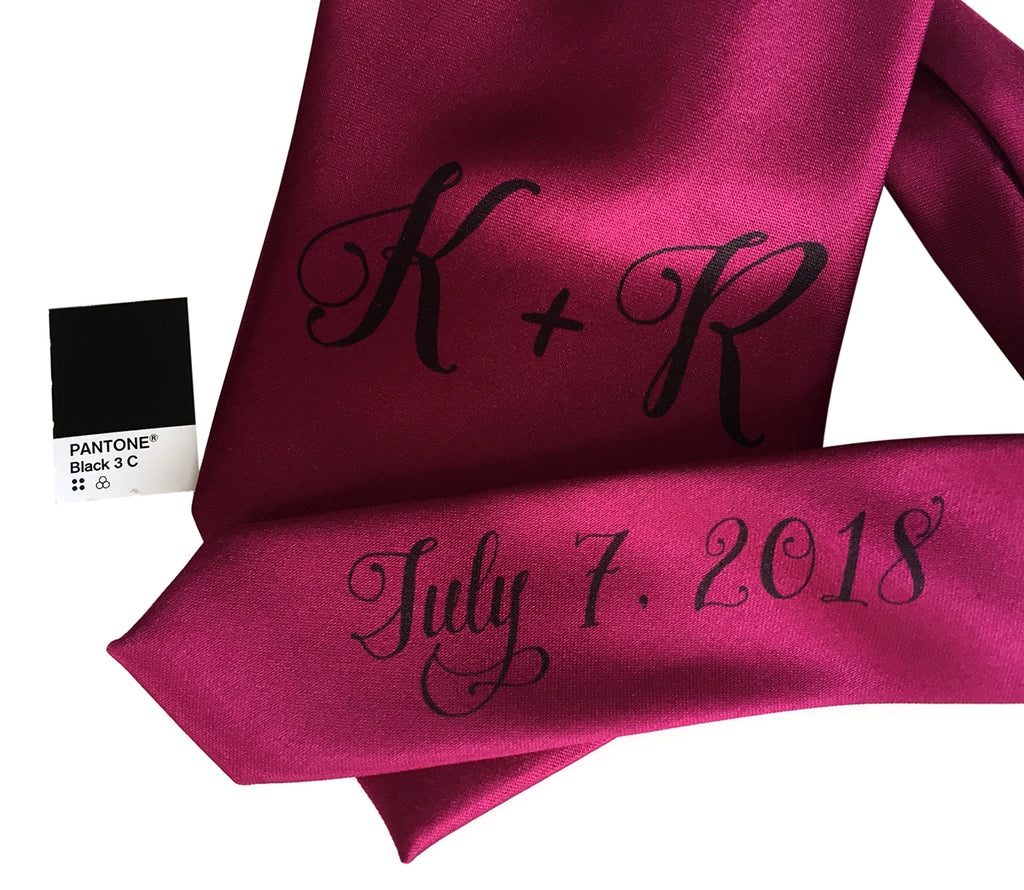 custom sublimated  initial monogram wedding necktie, black on raspberry, Cyberoptix