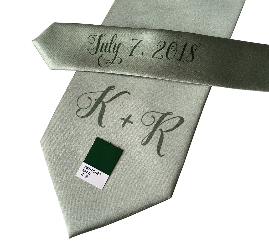 custom sublimated  initial monogram wedding necktie, hunter green on sea foam, Cyberoptix