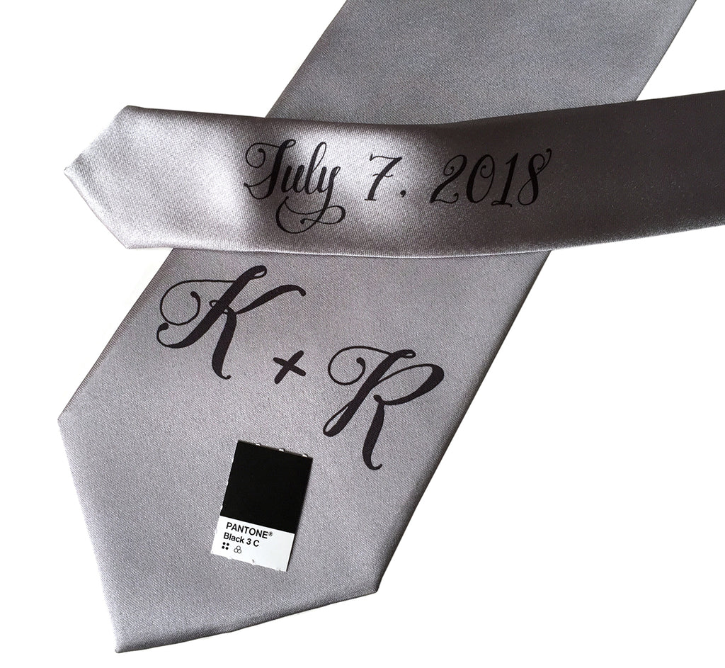 custom sublimated  initial monogram wedding necktie, black on silver, Cyberoptix