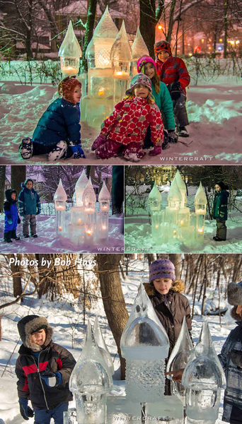 half of long photo of kids with IceWrangler's Ice Castle at 2018 Middlemoon Creekwalk Wintercraft