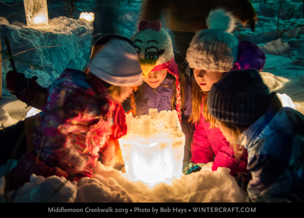 Bob Hays captures kids looking into a Bundt Ice Lantern Wintercraft Middlemoon Creekwalk 2019