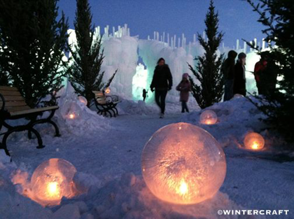 Candlelit Globe Ice Lantern Garden at the entrance of the Mall of America Ice Castle