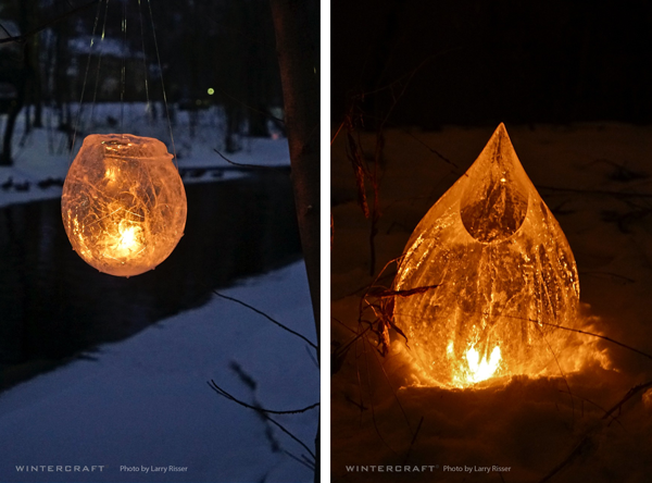 Hanging Globe and Teardrop Ice Lanterns by The Ice Wrangler at Middlemoon Creekwalk Wintercraft