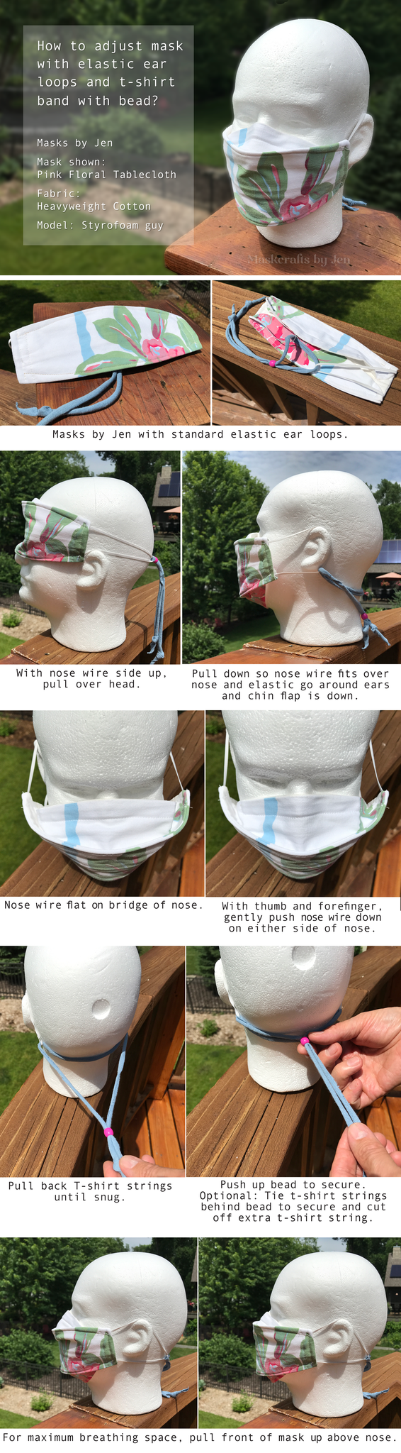 How to adjust mask by jen with elastic ear loops and t-shirt band and bead