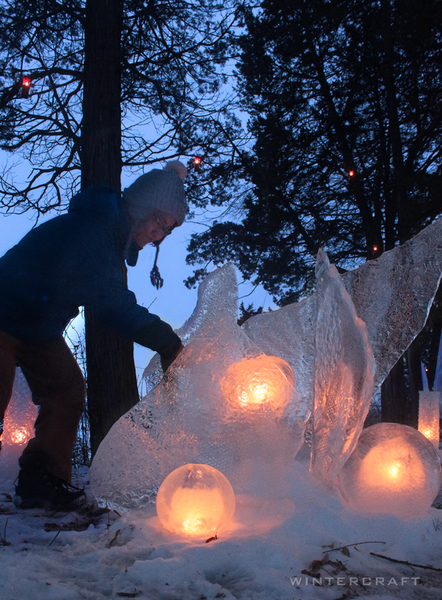 Ice Wrangler at 2019 Enchanted Forest woman touching ice