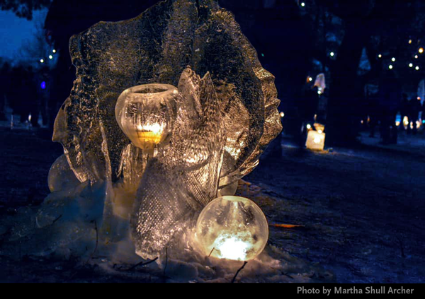 Martha Archer photo of Ice Wrangler ice sculpture 2019 Enchanted Forest luminary loppet