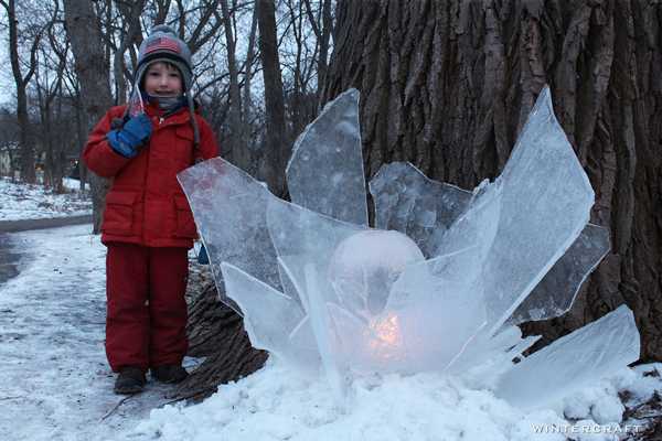 Rosy cheeked children playing with ice in Minneapolis, Minnesota, USA