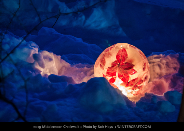 Leaf globe ice lantern 2019 Middlemoon Creekwalk Wintercraft's Ice Wrangler