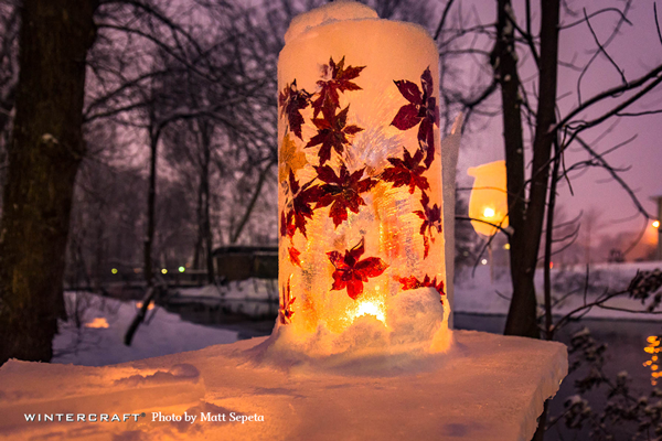 Close up of the Leaf Flower Tower on the ice bar at the 2018 Middlemoon Creekwalk Wintercraft Ice Wrangler