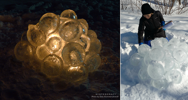 one of 3 Ice Luminary Sculptures called Lake Harriet Caviar at 2018 Middlemoon Creekwalk photo by Dale Hammerschmidt