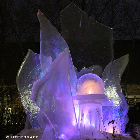 Wintercraft Ice Luminary globe and glass Ice display purple at REI event 