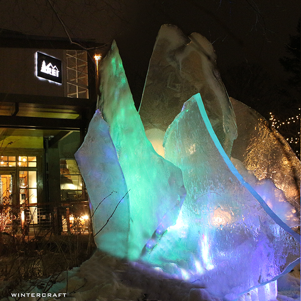 Globe Ice Lantern Ice Glass Display at the Bloomington REI store. Lights to create Northern Lights.