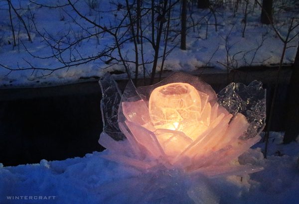 Wintercraft Globe Ice Lantern Ice Glass Flower Middlemoon Creekwalk Luminary event Minneapolis Minnesota