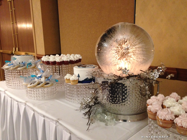 An extra large globe on a dessert table at the gala fundraising event for the John Beargrease Sled Dog Marathon