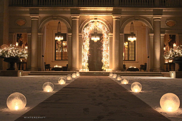 Wintercraft Ice Wrangler Runway of Globe Ice Lanterns for White Peacock Events