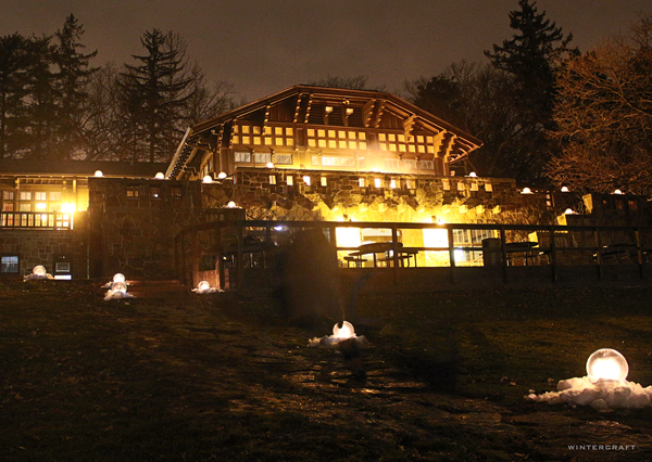 The Front Entrance of the Theodore Wirth Chalet with Globe Ice Lanterns Wintercraft