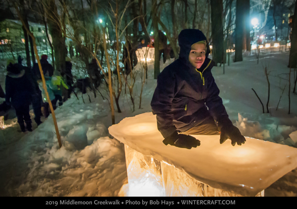 On the ice lantern bench 2019 Middlemoon Creekwalk photo by Bob Hays wintercraft