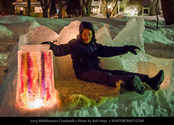 Relaxing on the fur-covered ice throne - 2019 Middlemoon Creekwalk photo by Bob Hays wintercraft