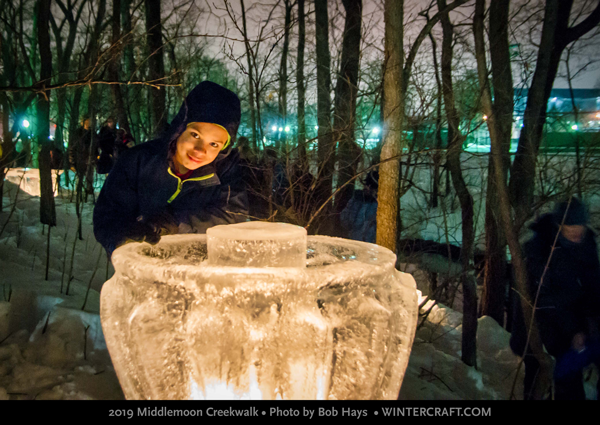 Looking in the super big ice lantern 2019 Middlemoon Creekwalk photo by Bob Hays wintercraft.com