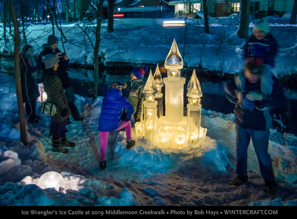 The crowds gathered as the sun went down around the ice castle. Middlemoon Creekwalk 2019 Photo by Bob Hays Wintercraft