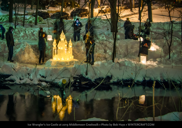 People looking at 2019 Middlemoon Creekwalk ice castle from a distance. Photo by Bob Hays Wintercraft Ice Wrangler