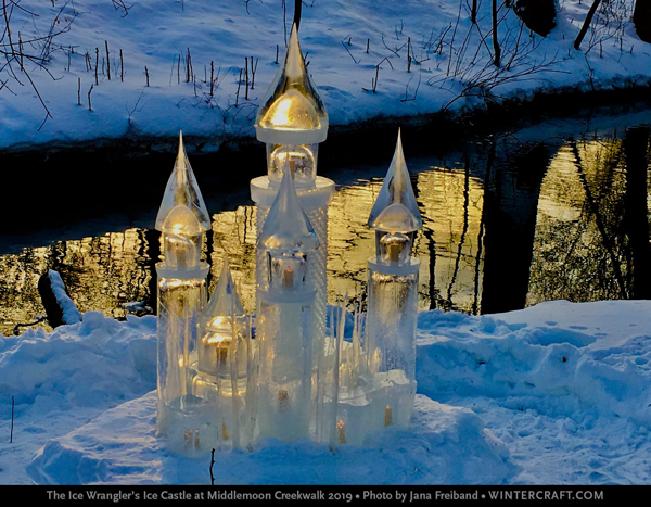 Jana Freiband captured the 2019 Middlemoon Creekwalk Ice Castle by the Ice Wrangler at twilight