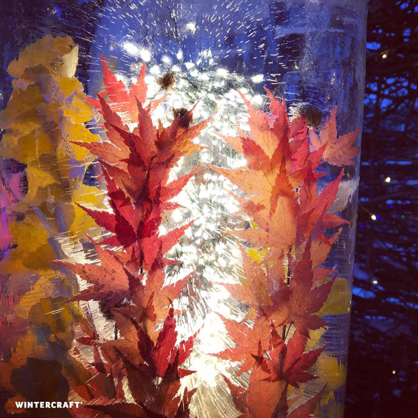 Close up of Floral Bucket Ice Lantern at the MN Landscape Arboretum's 2019-20 Winter Lights event Wintercraft Ice Wrangler