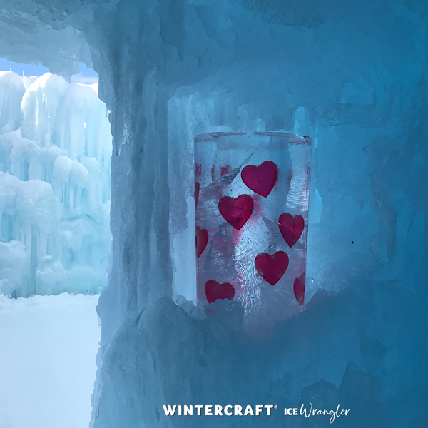 Valentine's Day Hearts ice lantern in the ice castle minnesota ice wrangler wintercraft