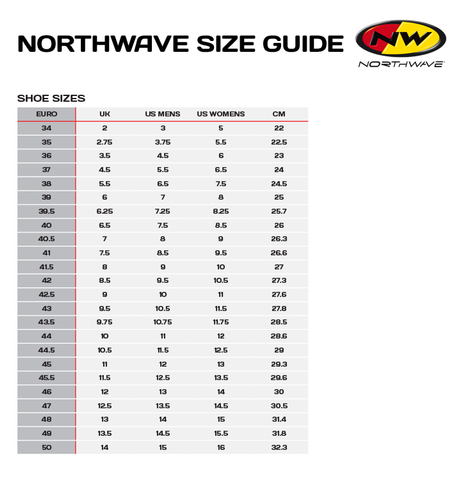 Northwave shoe size chart