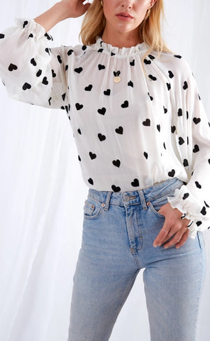 top, pretty lavish, love hearts, white, black print, white top