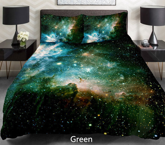 Mint Green And Lime Green Combined Galaxy Bedding Set 3 Pieces