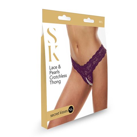Secret Kisses Lace & Pearls Crotchless Thong - M/L - Purple